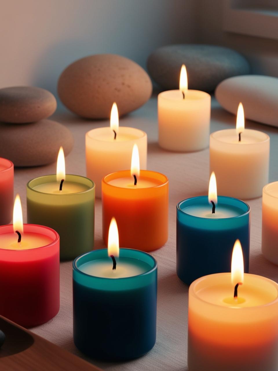 Bougie de differentes couleurs avec ambiance zen