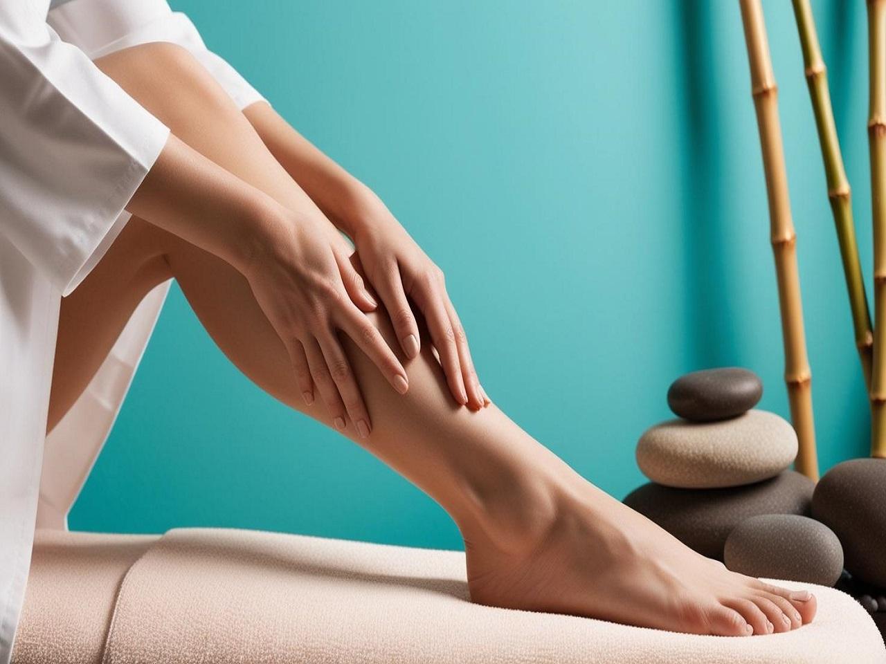 Massage jambe avec decor zen et fond turquoise 2 bis