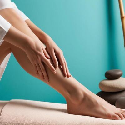 Massage jambe avec decor zen et fond turquoise 2 bis