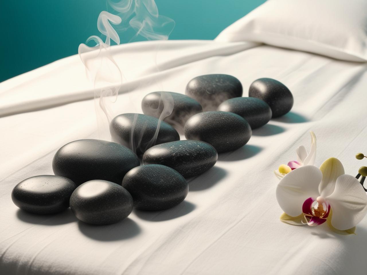 Massage pierres chaudes etalees avec ambiance zen et fond turquoise