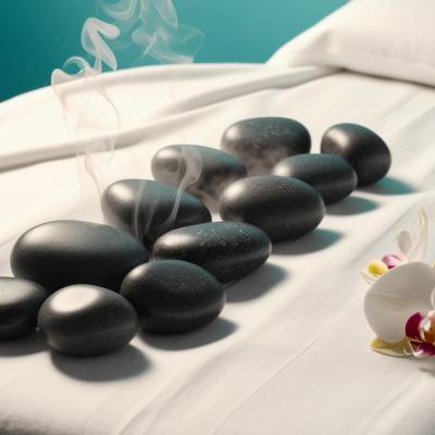 Massage pierres chaudes etalees avec ambiance zen et fond turquoise