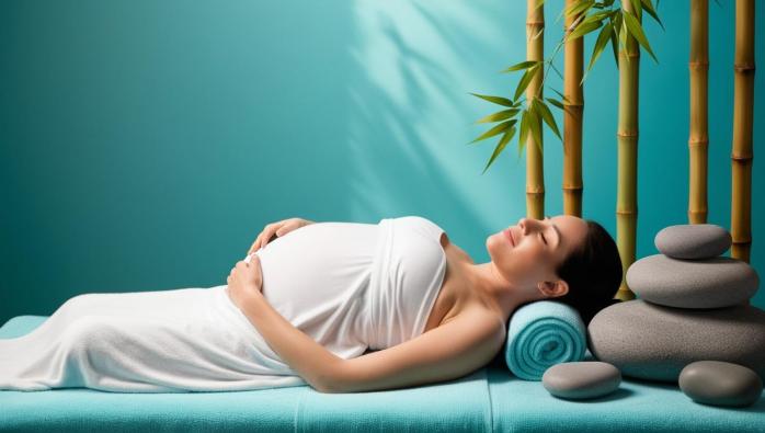Massage prenatal avec decor zen et fond turquoise
