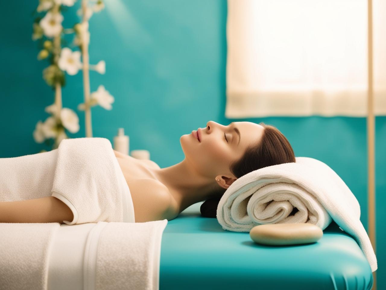 Massage spa avec ambiance zen et fond turquoise 1