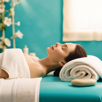 Massage spa avec ambiance zen et fond turquoise 1