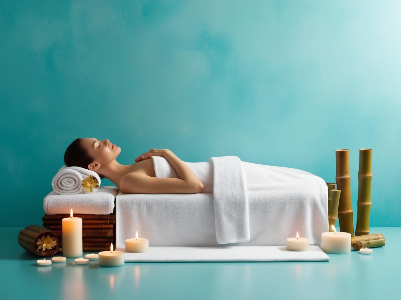 Massage spa avec ambiance zen et fond turquoise