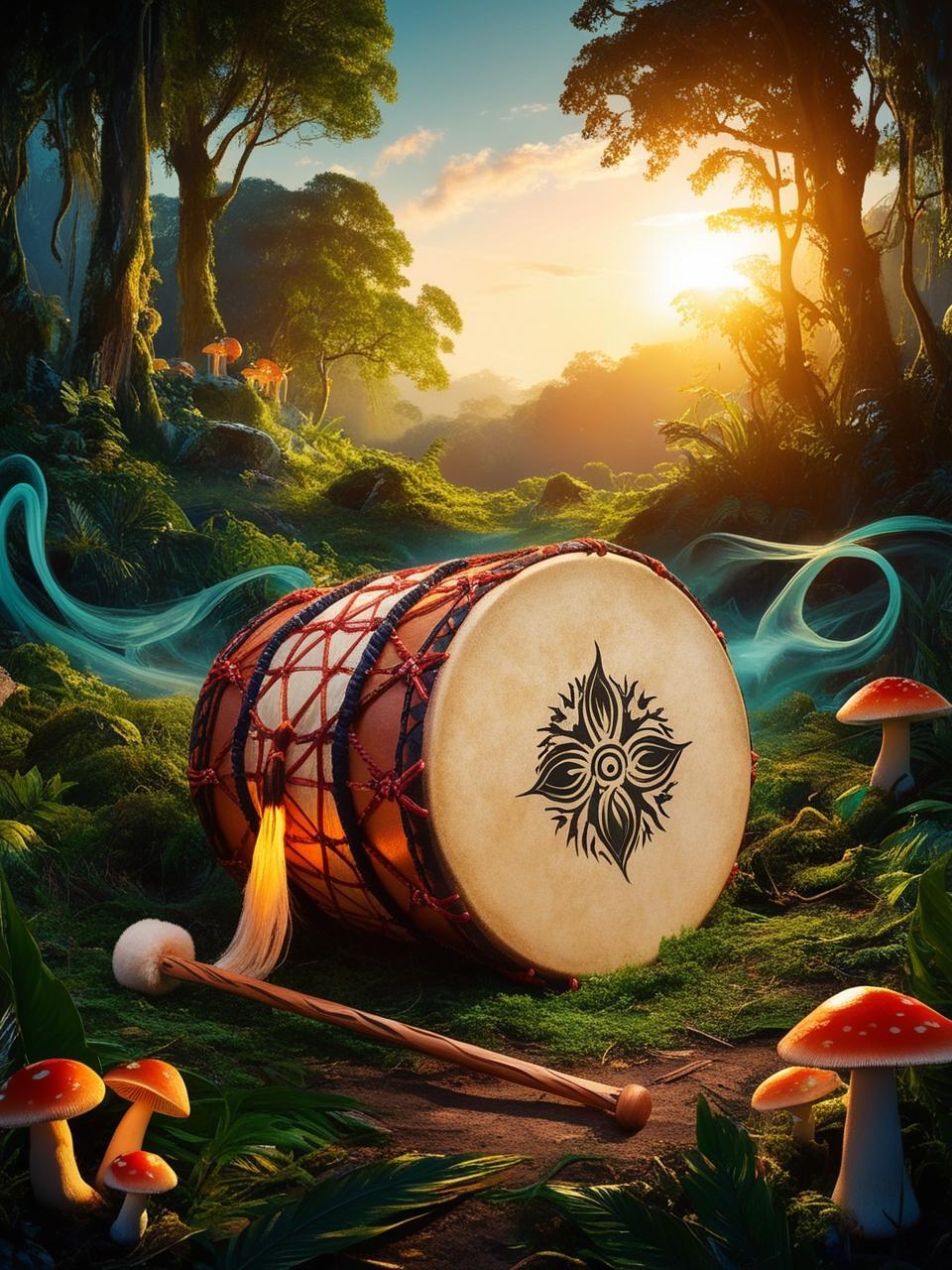 Tambour chamanique avec mailloche dans la nature 2